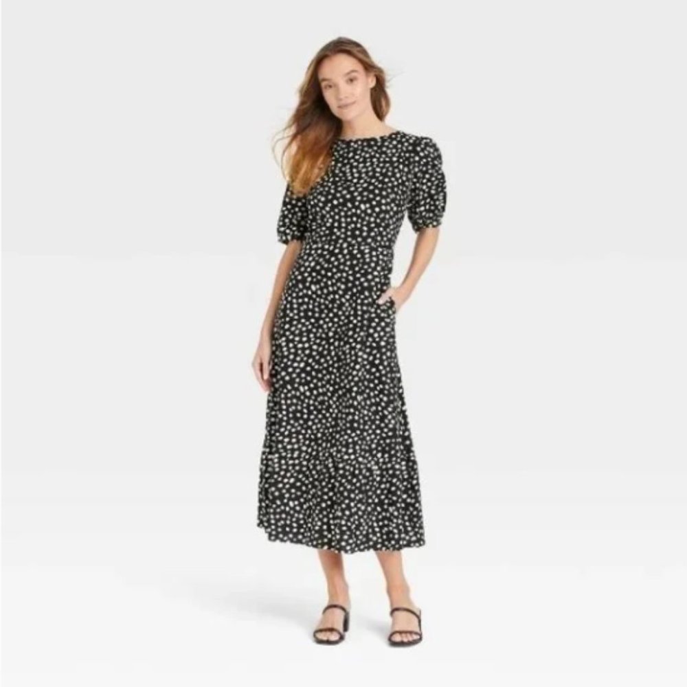 Who What Wear Women's Dress Tie Back Polka Dot Black Linen Blend Half Sleeve 12